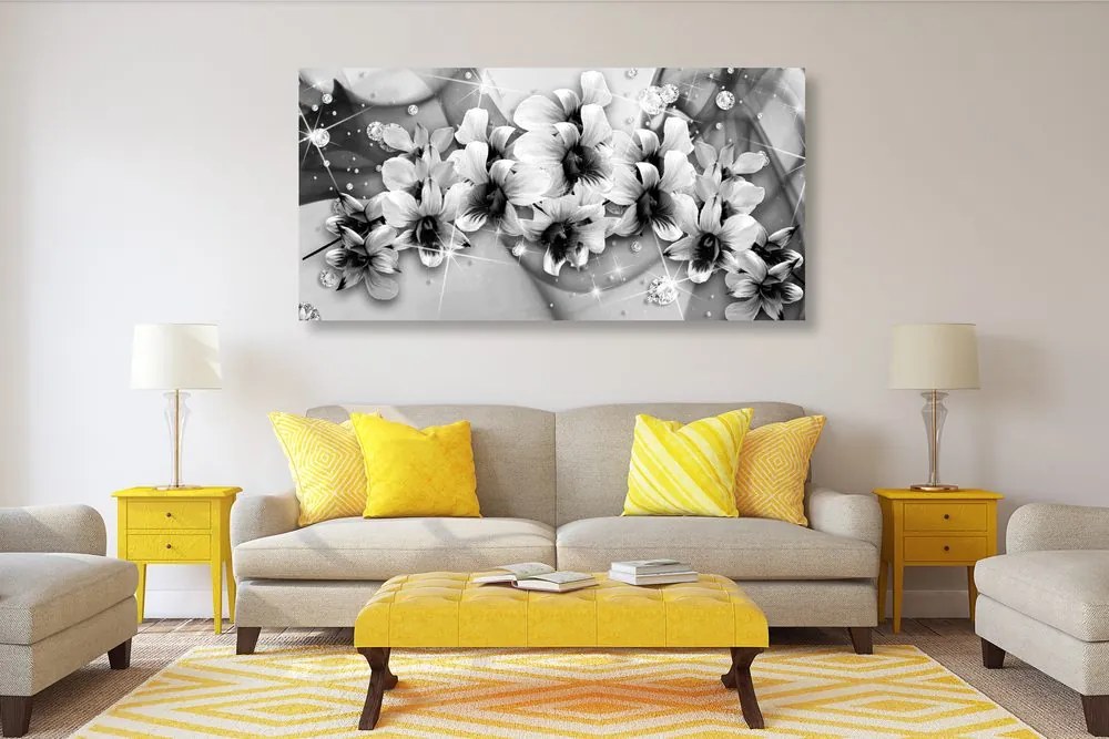 Stampa su tela – Fiori in bianco e nero su sfondo astratto