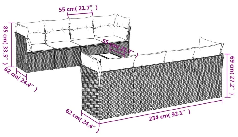 Set divano da giardino 9pz con cuscini grigio chiaro polyrattan