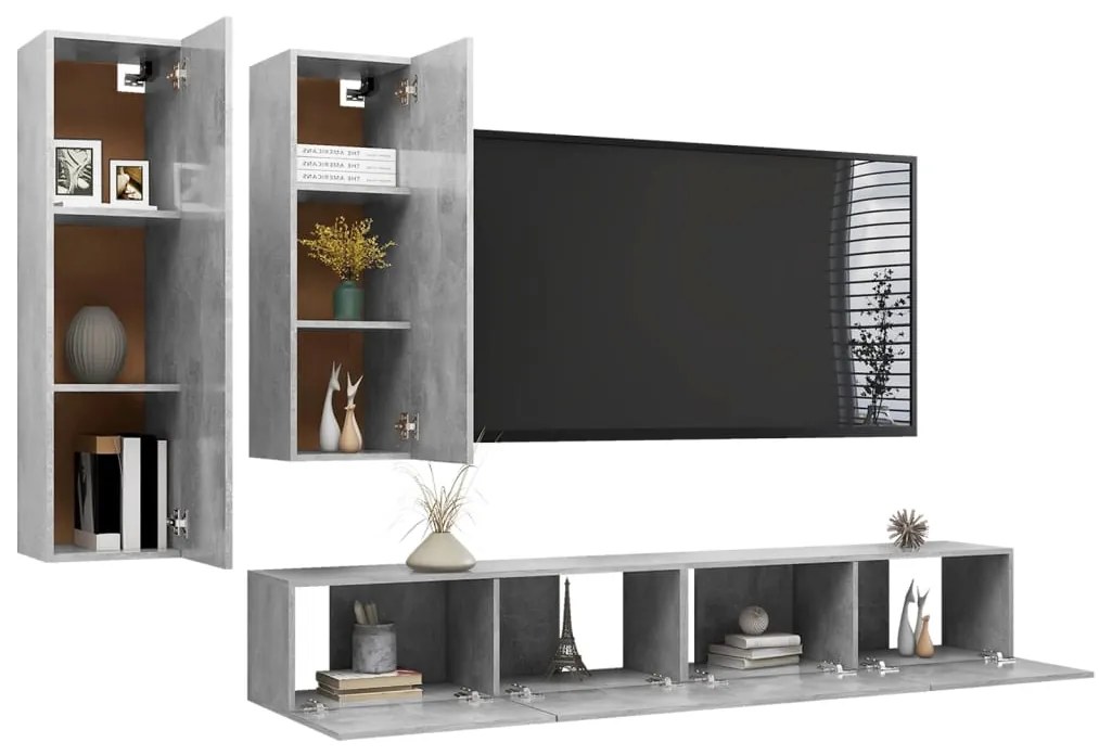 Set di mobili porta tv 4 pz grigio cemento in legno multistrato