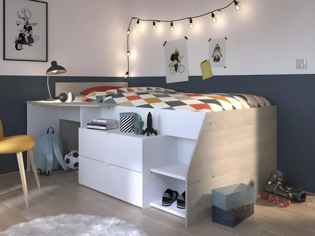 Letto singolo con scrivania integrata e vani portaoggetti inclusi 90 x 200 cm Bianco e naturale - GISELE