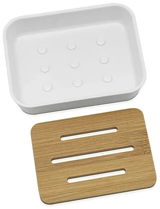 Portasapone in finitura bianca opaca con inserti in bambù