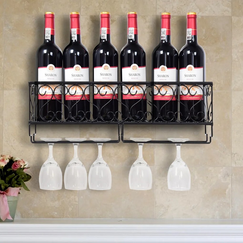 Costway Portabottiglie da parete con porta bicchieri in metallo, Scaffale vini a parete con bancali 50x10x17cm