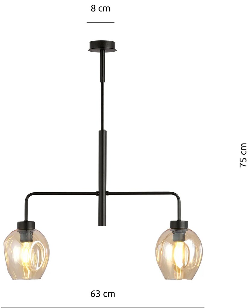 Lampadario Moderno 2 Luci Auriga In Accaio Nero E Vetro Ambra
