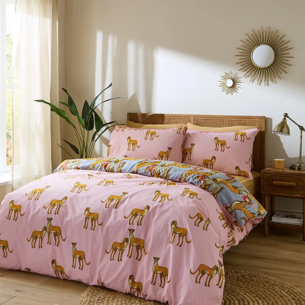 Set copripiumino e federa rosa e grigio in cotone per letto singolo 135x200 cm Untamed Cheetah – Their Nibs