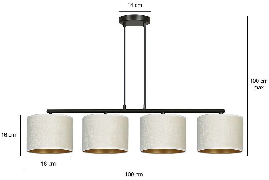 Lampadario 4 Luci Ganesha In Acciaio Nero E Paralumi In Tessuto Beige