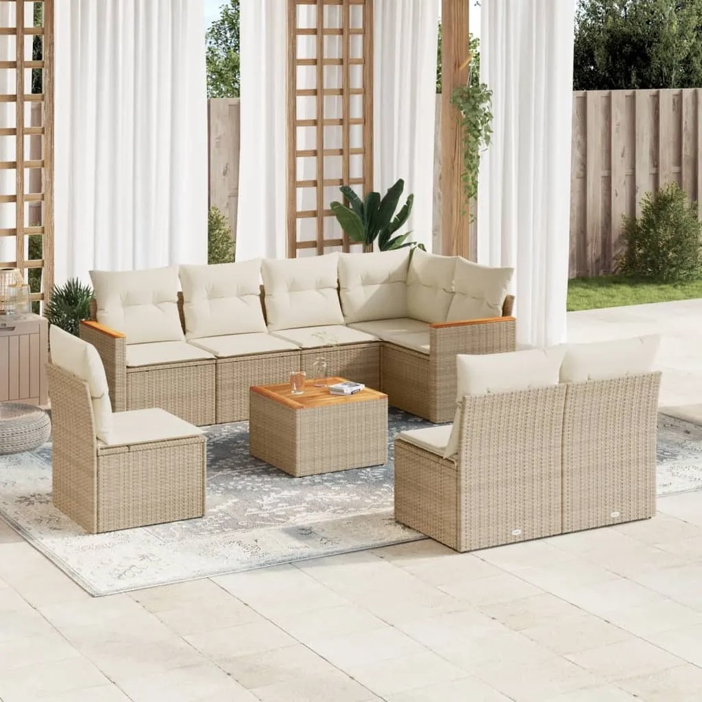 Set Divano da Giardino 9 pz con Cuscini Beige in Polyrattan