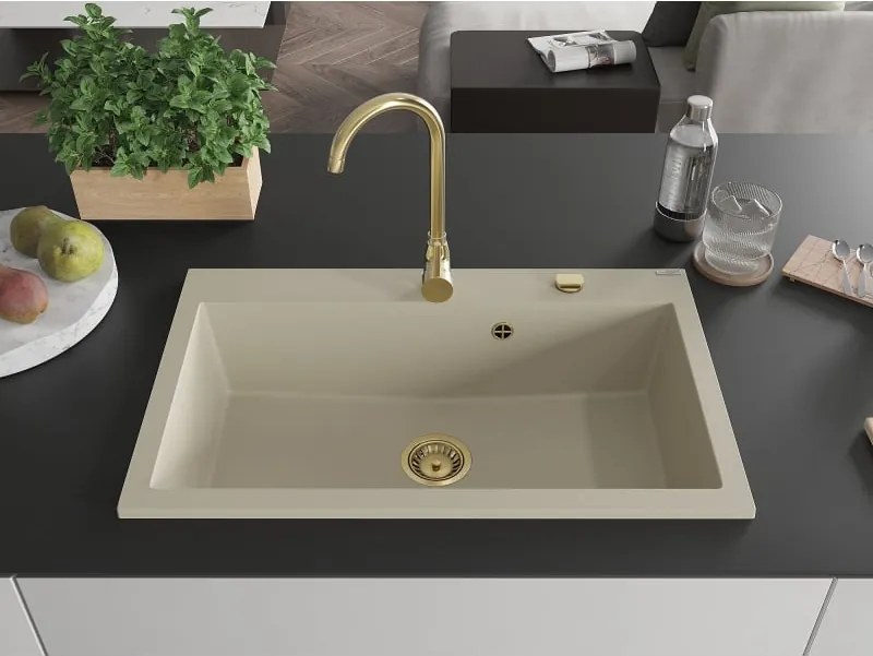 Mexen Elix lavello in granito con 1 vasca 800 x 500 mm, beige, sifone dorato - 6527801005-69-G
