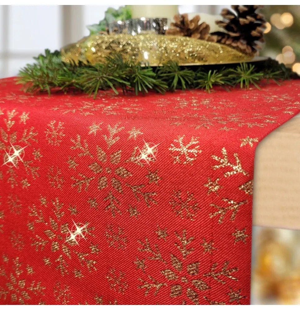 Runner da tavola natalizio rosso con fiocchi di oro Merry Christmas