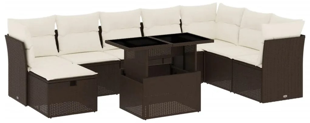 Set divani da giardino 9pz con cuscini marrone in polyrattan