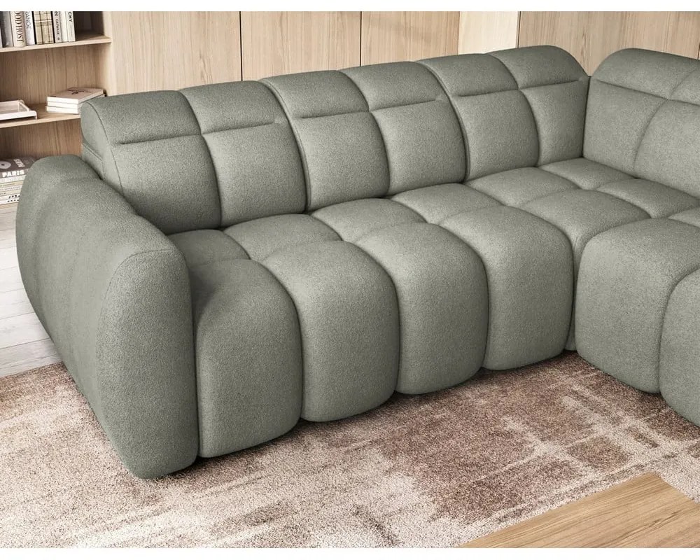 Divano angolare verde polveroso allungabile/con contenitore (con penisola a destra/a L) e rivestimento in bouclé Falconn – ELTAP