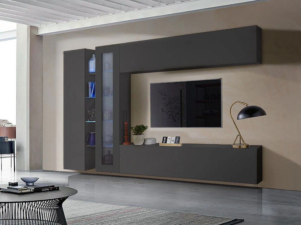 Elegante Parete attrezzata di design con vetrina L.280 cm, finitura Antracite