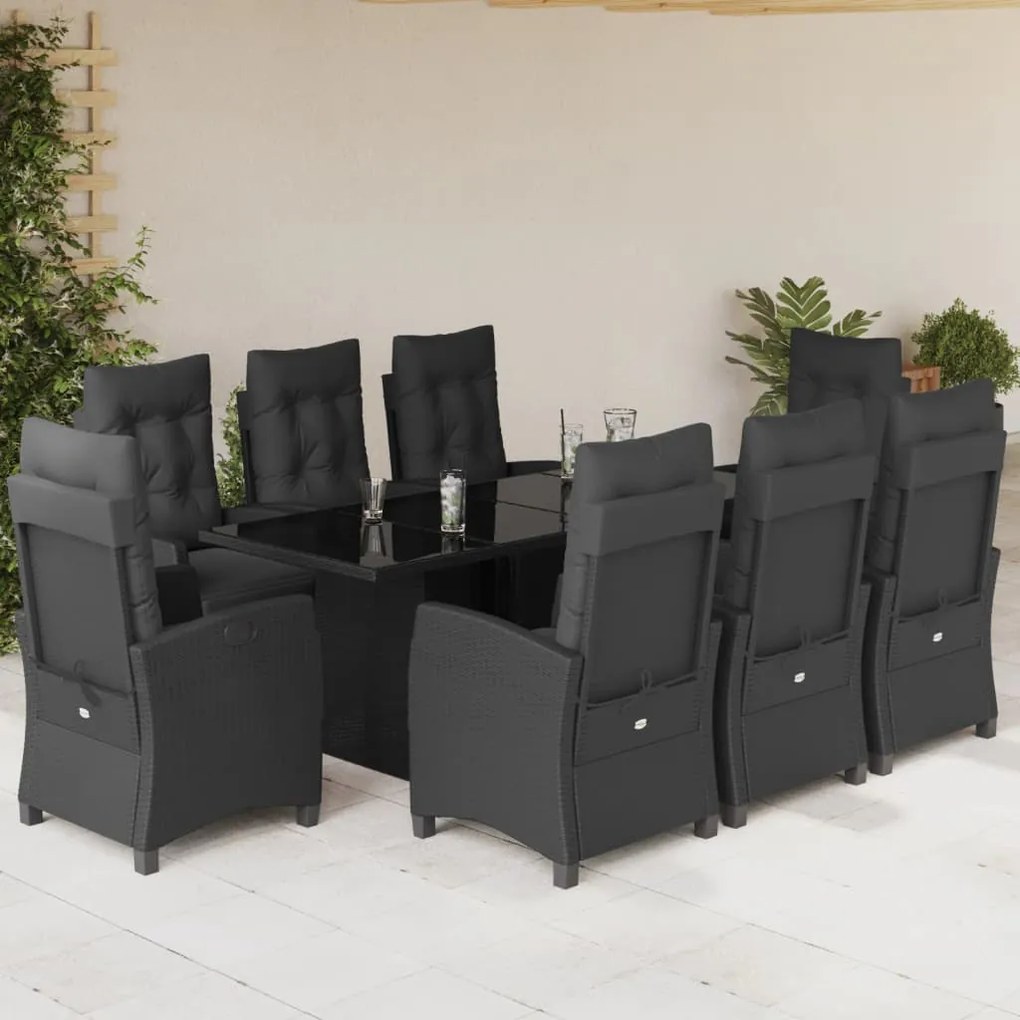 Set da pranzo da giardino 9 pz con cuscini nero in polyrattan