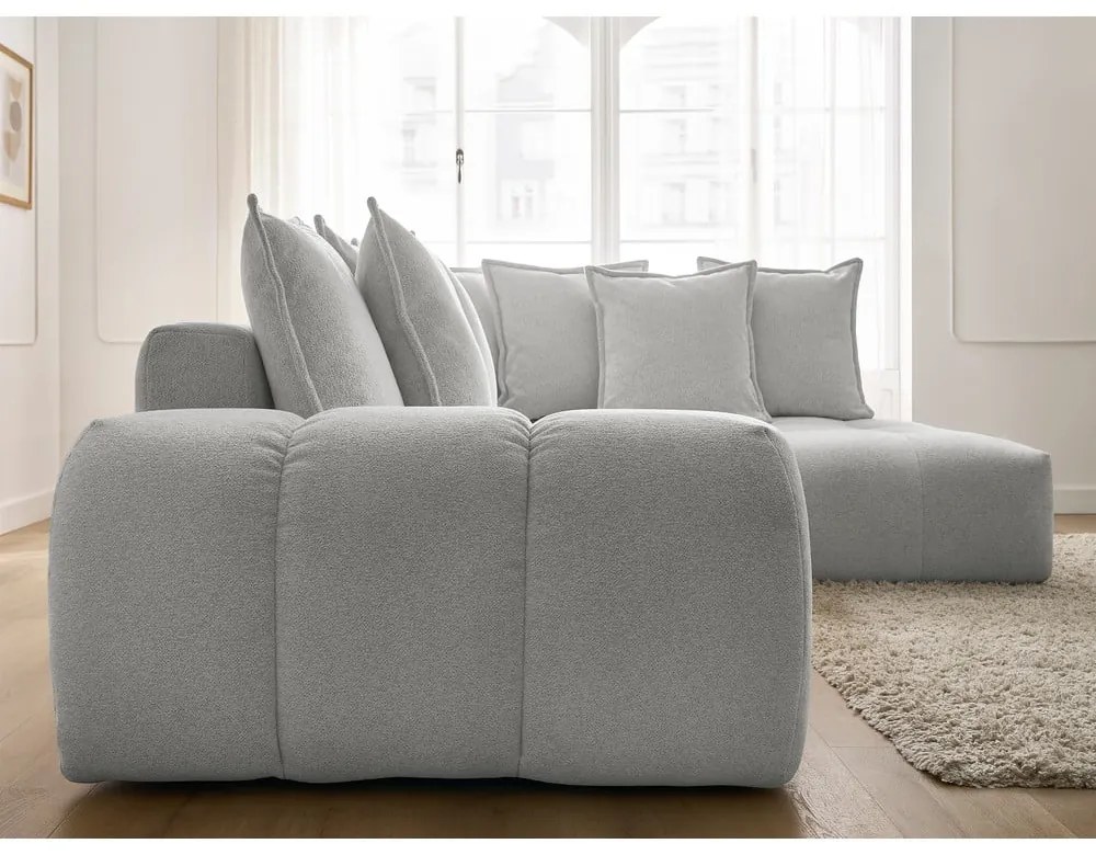 Divano angolare grigio chiaro allungabile e con contenitore (penisola a destra/a L) con rivestimento in ciniglia Everest – Bobochic Paris