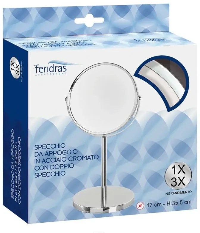 Specchio beauty da appoggio in acciaio cromato con ingrandimento 3x