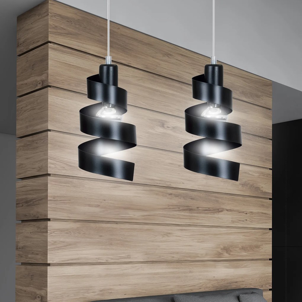 Lampadario Moderno 2 Luci Tristano In Acciaio Nero Con Fasce A Spirale