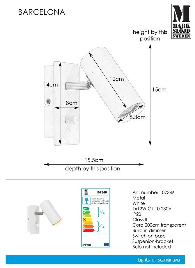 Lampada da parete bianca Barcelona - Markslöjd