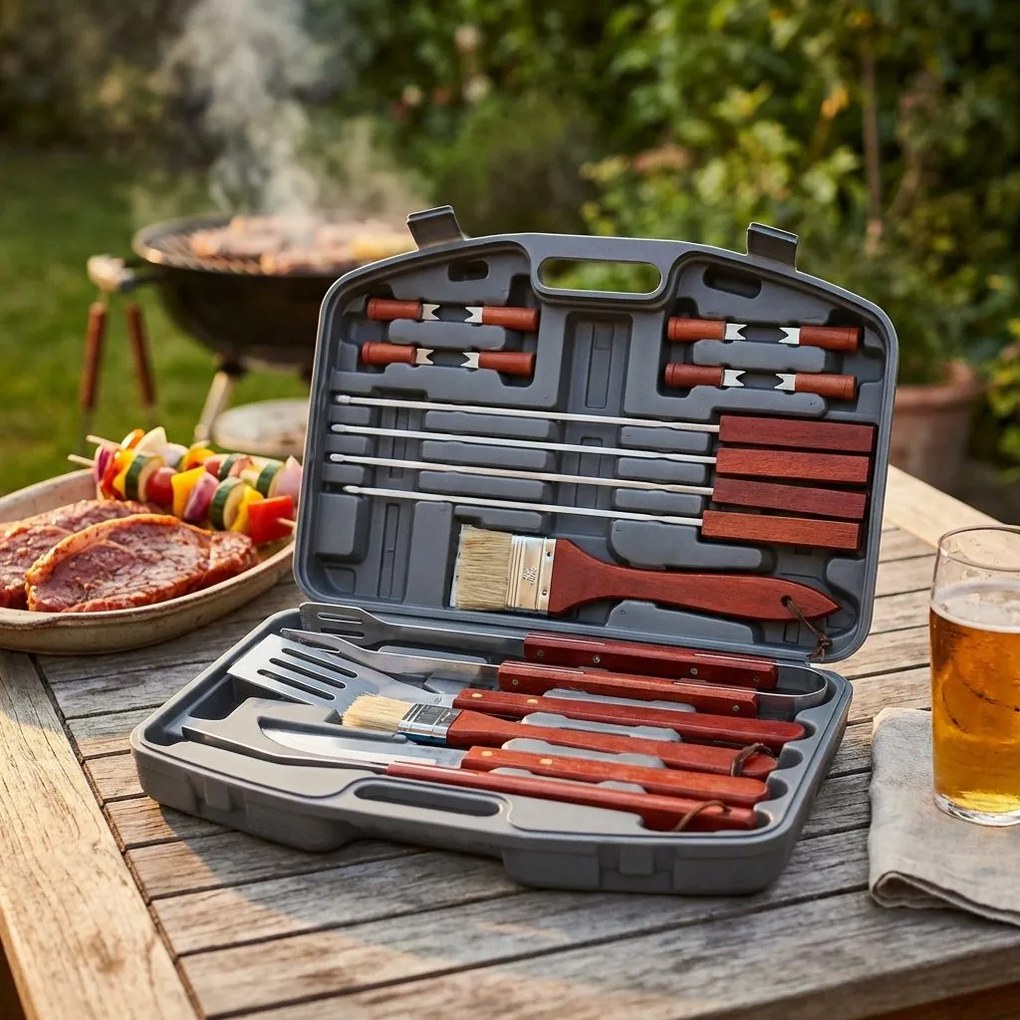 Valigetta attrezzi per barbecue con 18 accessori manico legno
