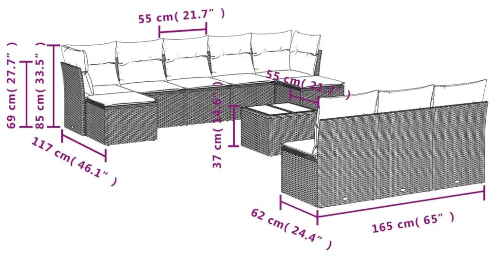 Set divani da giardino 11 pz con cuscini beige in polyrattan