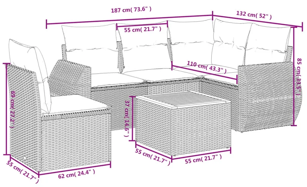 Set divano da giardino 6 pz con cuscini nero in polyrattan