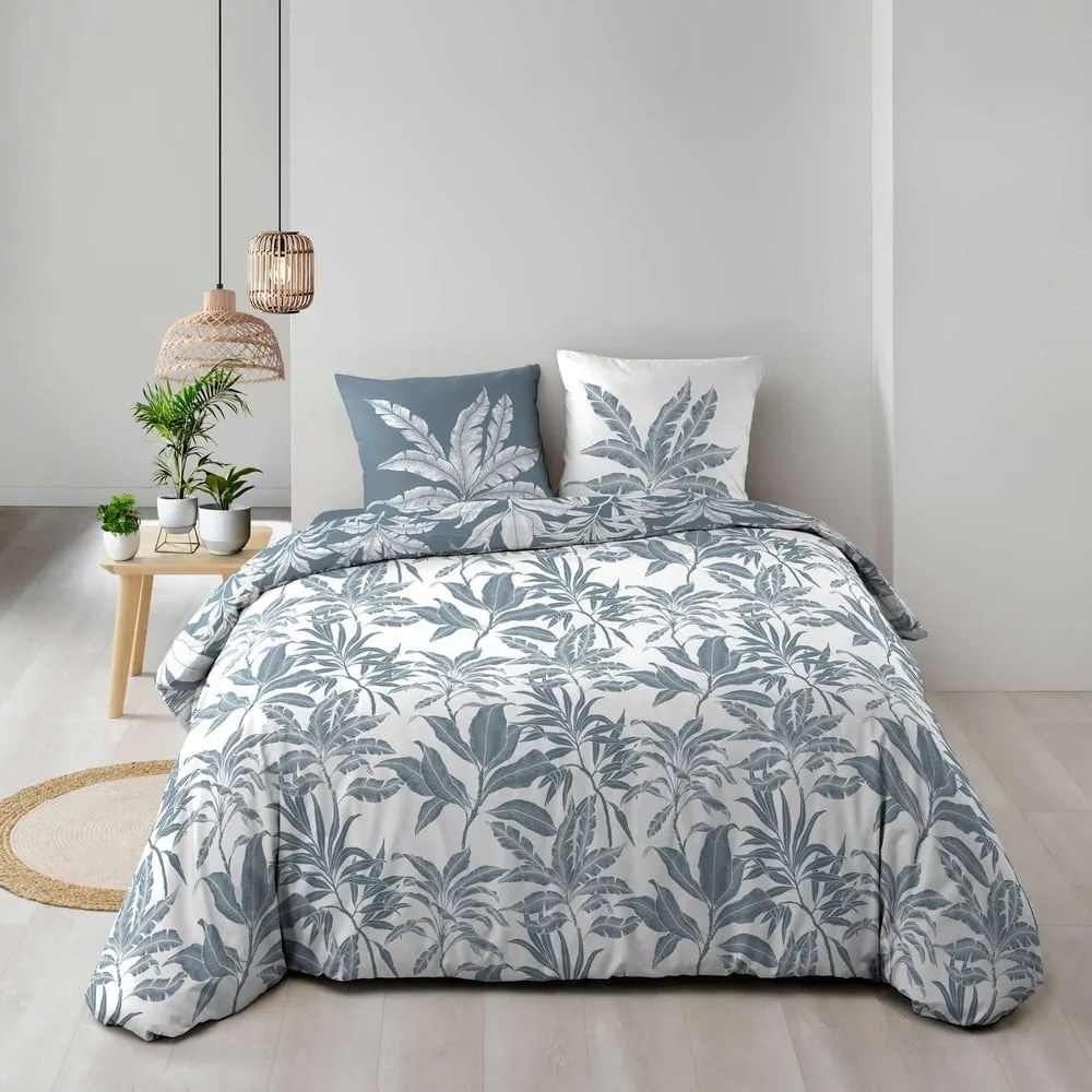 Set copripiumino e federa bianco/blu in cotone per letto matrimoniale ed esteso 240x220 cm Hera – douceur d'intérieur