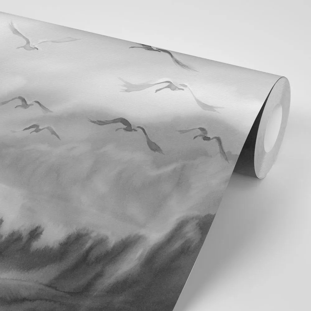 Carta da parati – Volo di uccelli in bianco e nero