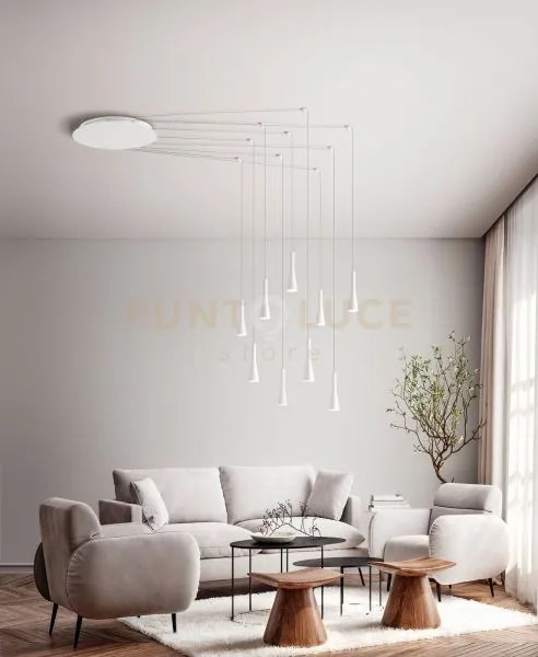 Sospensione in alluminio colore bianco  9 luci cone led 63w 3000k c...