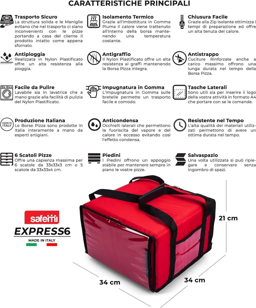 Borsa Termica Porta Pizze da Asporto 6 Cartoni Safemi Express 6 Rossa...
