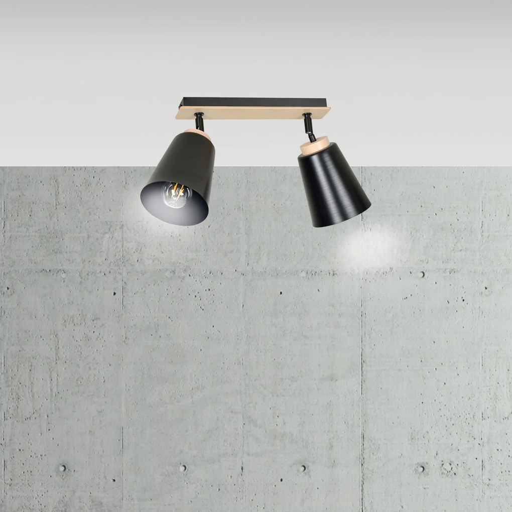 Plafoniera Faretti Spot Orientabili 2 Luci Xiwangmu Acciaio Nero E Legno Naturale