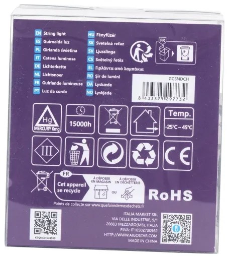 Aigostar -LED catena luminosa per esterni 200xLED/8 funzioni 3xAA 10,3m IP44 multicolore