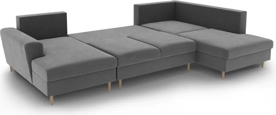 Divano angolare grigio chiaro allungabile e con contenitore (con penisola a destra/a U) con rivestimento in velluto Kyoto – Cosmopolitan Design