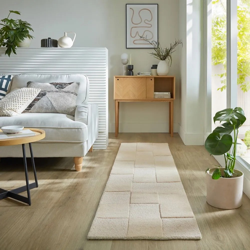 Passatoia in lana beige tessuta a mano 60x230 cm Checkerboard - Flair Rugs