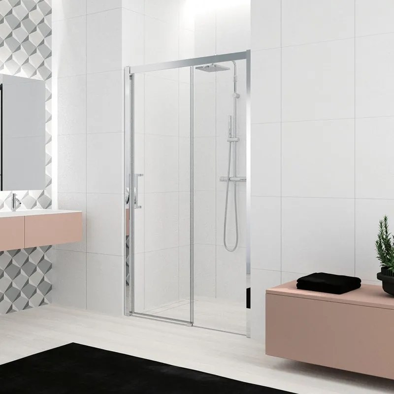 Porta doccia scorrevole L 116-122 cm x H 200 cm per nicchia in vetro trasparente SP. 8 mm, profilo lucido cromo, serie Lead