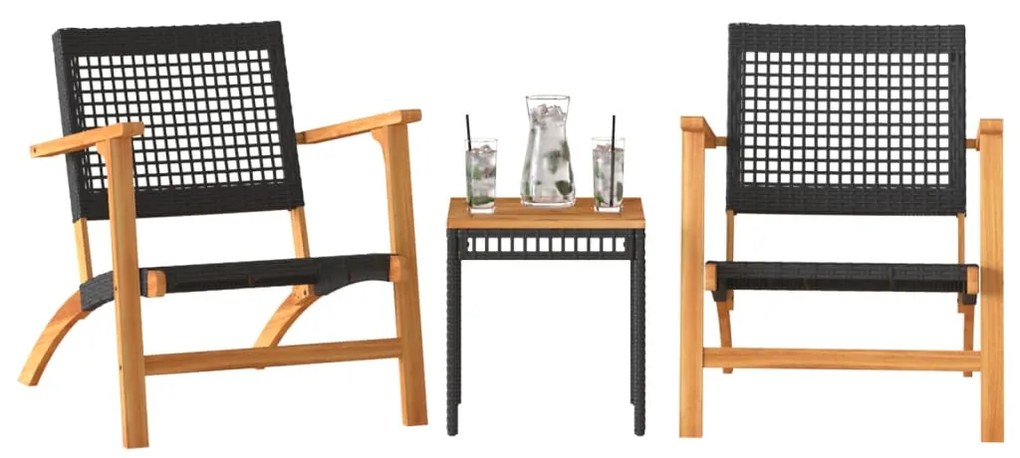 Set da bistrot 3 pz nero in polyrattan e legno massello acacia