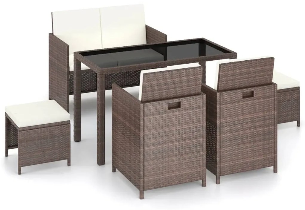 Set da Pranzo da Giardino 6 pz con Cuscini Polyrattan Marrone