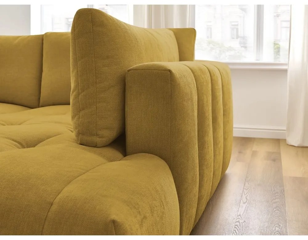 Divano angolare color senape allungabile e con contenitore (penisola a destra/a L) con rivestimento in ciniglia Fuji – Bobochic Paris