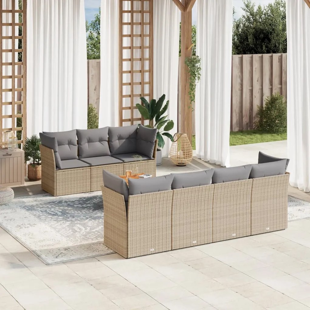 Set divano da giardino 8 pz con cuscini beige in polyrattan