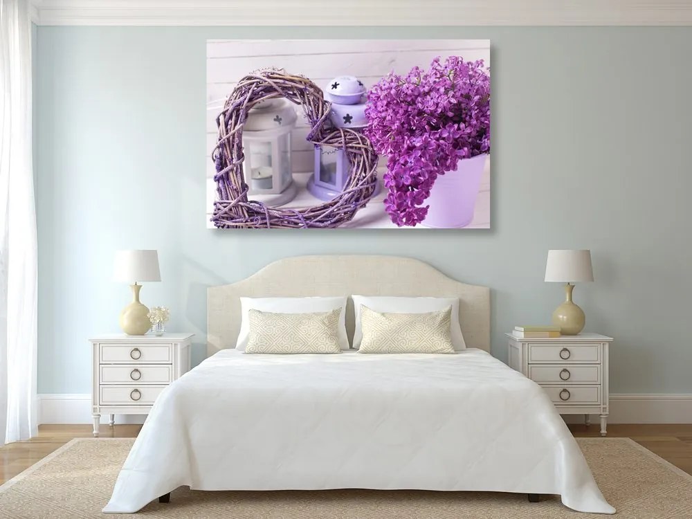 Quadro su tela – Cuore di vimini con lanterne e lilla