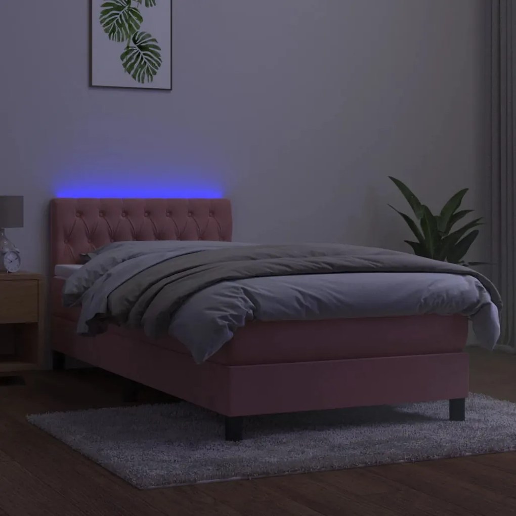 Letto a molle con materasso e led rosa 90x190 cm in velluto