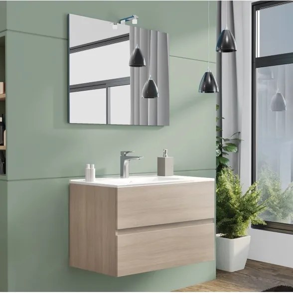 Mobile da bagno sospeso 80 cm con lavabo, specchio e led rovere fumo