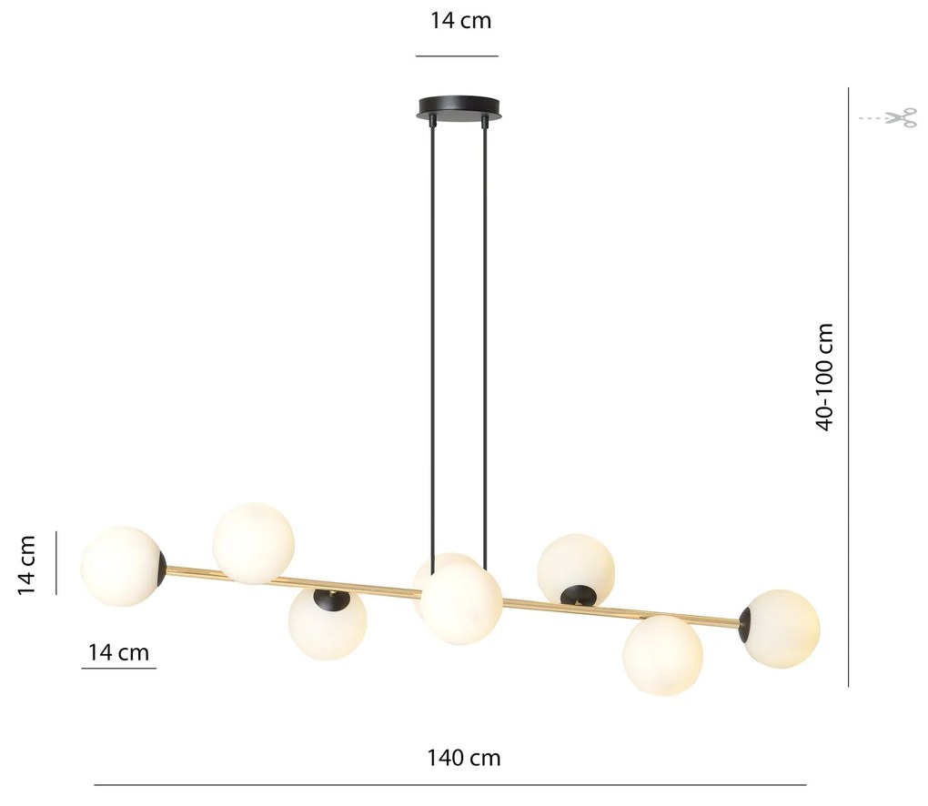 Sospensione Contemporanea Gravity 8 Luci In Acciaio Oro E Sfere In Vetro Bianco