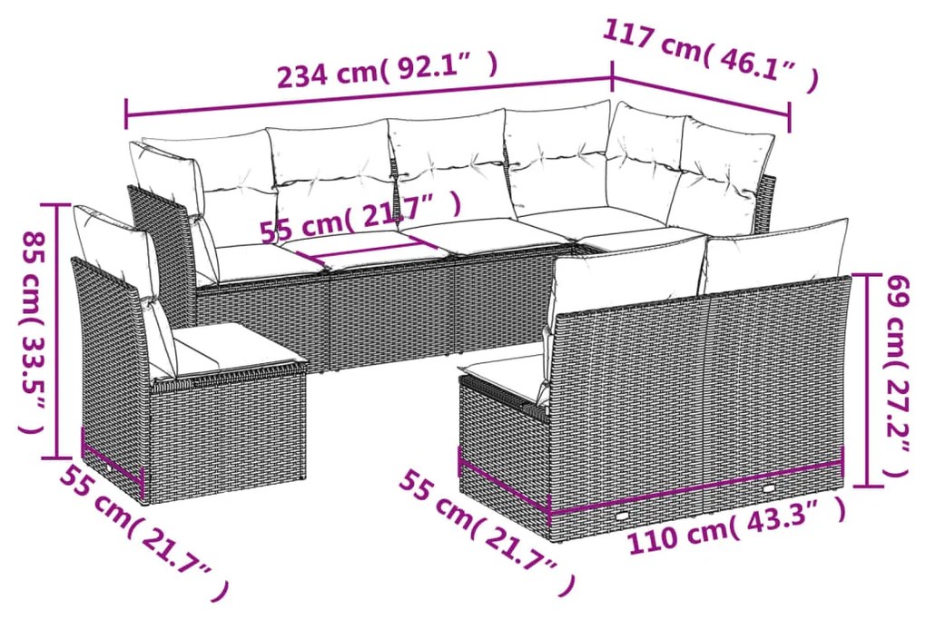 Set divani da giardino 8 pz con cuscini marrone in polyrattan