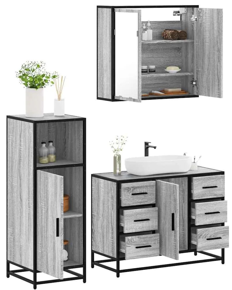 Set Mobili Da Bagno 3 Pz Grigio Sonoma İn Legno Multistrato /