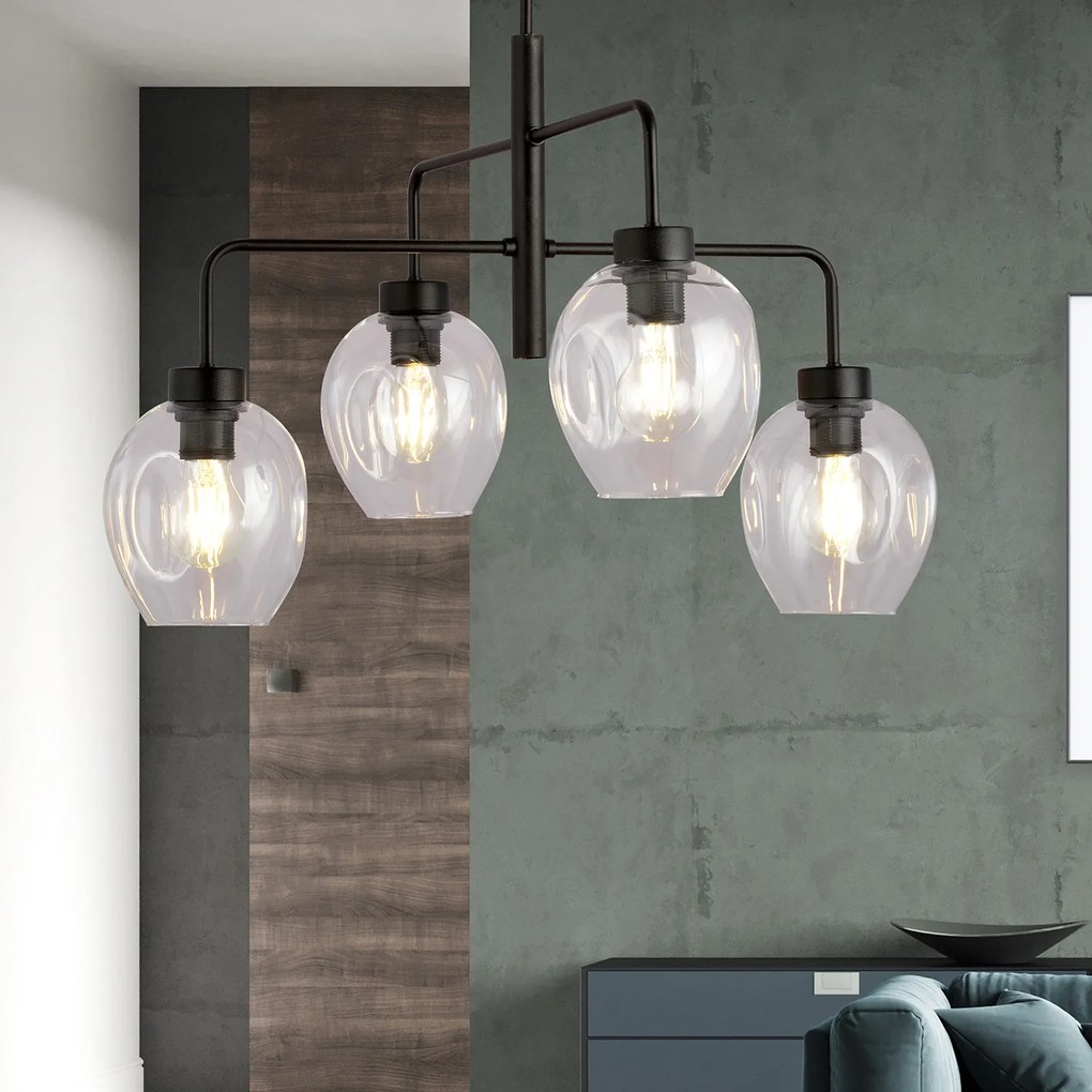 Lampadario Moderno 4 Luci Auriga In Accaio Nero E Vetro Trasparente