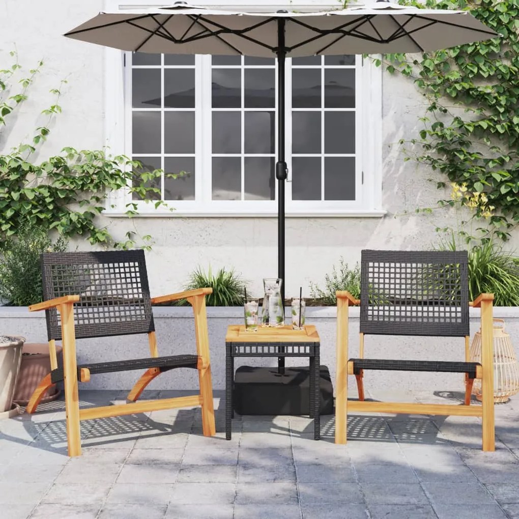 Set da bistrot 3 pz nero in polyrattan e legno massello acacia