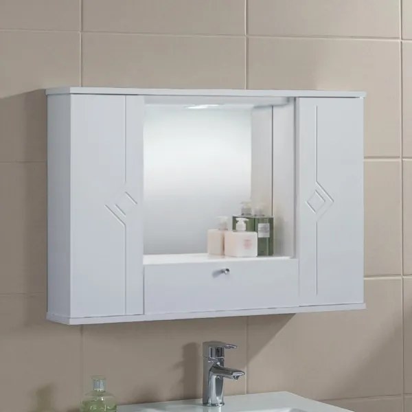 Specchiera mobile contenitore da bagno MERCURIO 90 bianco lucido a 2 ante e luce LED