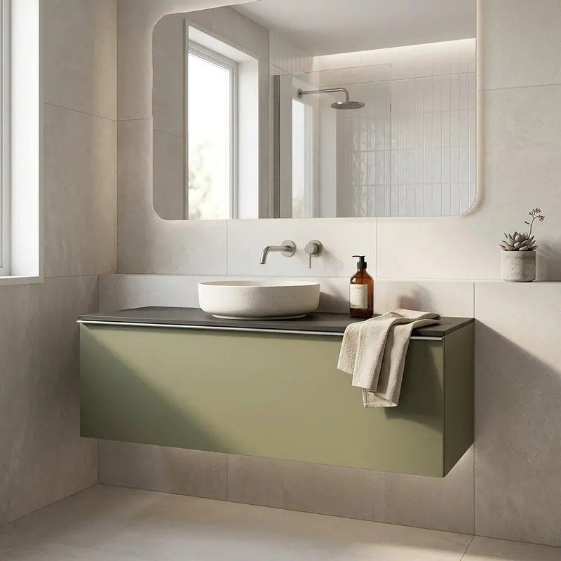 Mobile da bagno sospeso sotto lavabo Pixel plain 1 cassetto L 120 x H 40 x P 45.5 cm verde salvia laccato opaco, con maniglia alluminio brillante
