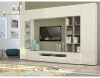 Parete attrezzata da soggiorno, Made in Italy, Mobile porta TV, Set salotto moderno, cm 290x40h192, Bianco lucido e Cemento, con luce LED blu