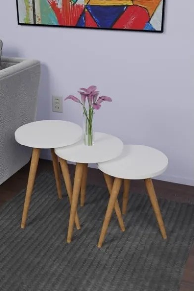 Set 3 Tavolini Decorativi Da Salotto Gambe Legno Aphrodite Bianco