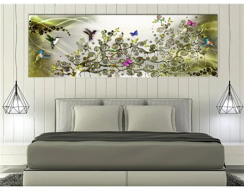 Quadro Hummingbirds Dance (1 Part) Green Narrow  Colore Bianco, Dimensioni e Misure 120x40