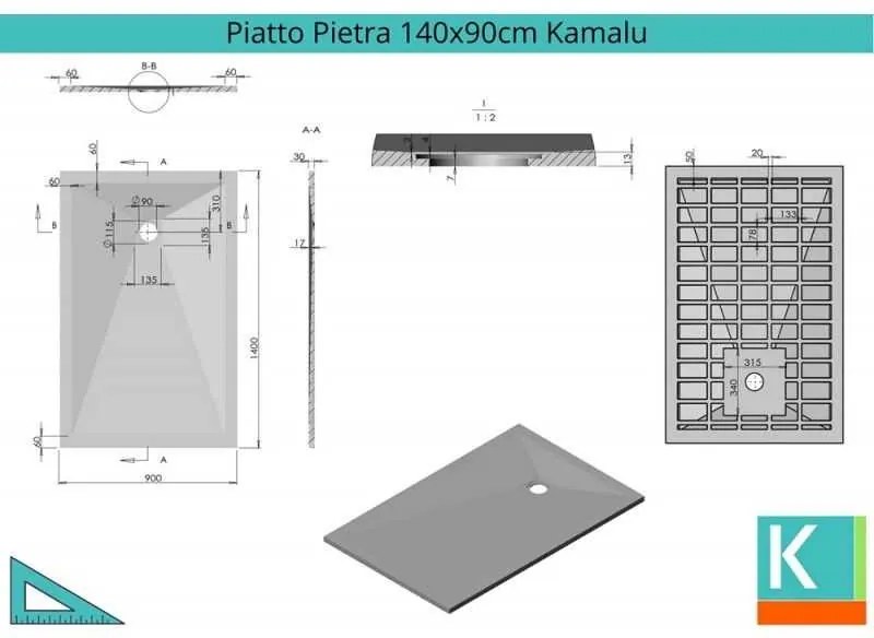 Kamalu - piatto doccia 140x90 pietra artificiale colore nero